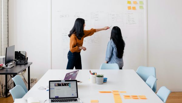 Kolleginnen erarbeiten ein Konzept am Whiteboard